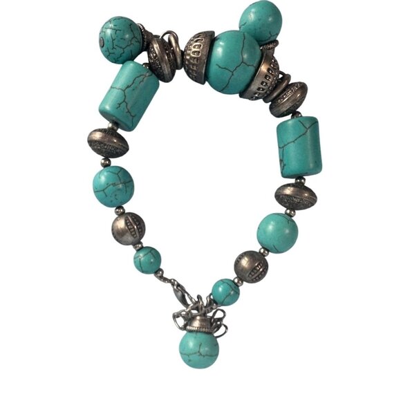Faux Turquoise & Antique Silver Charm Beaded Bracelet W/Adjustable Chain Clasp - Picture 5 of 5